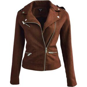 Women's Faux Suede Jacket Long Sleeves Zipper Up Casual Outwear Brown